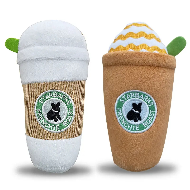 Wholesale Pet toys 2023 customized realistic recycled plush soft squeaky coffee cup pet cute dog toy