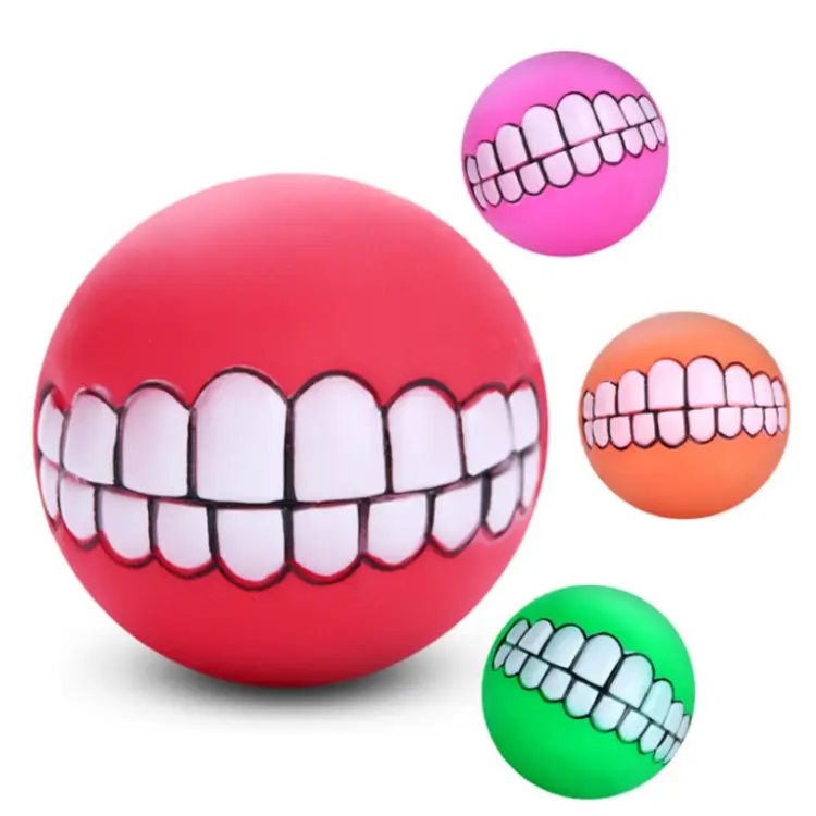 Factory wholesale interactive durable silicone thrower dog chew ball white teeth grin squeaky ball t