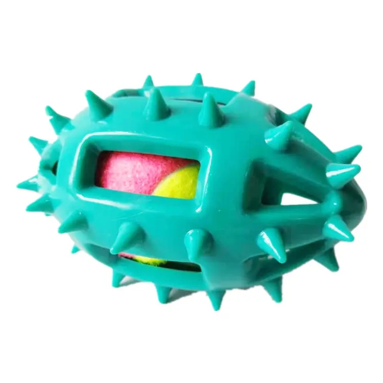 Manufacturer wholesale indestructible dog toy rubber ball with tennis ball inside spiked rugby chew 