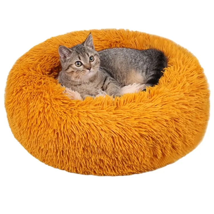 Manufacturer wholesale custom foldable washable faux fur pet cat dog beds round